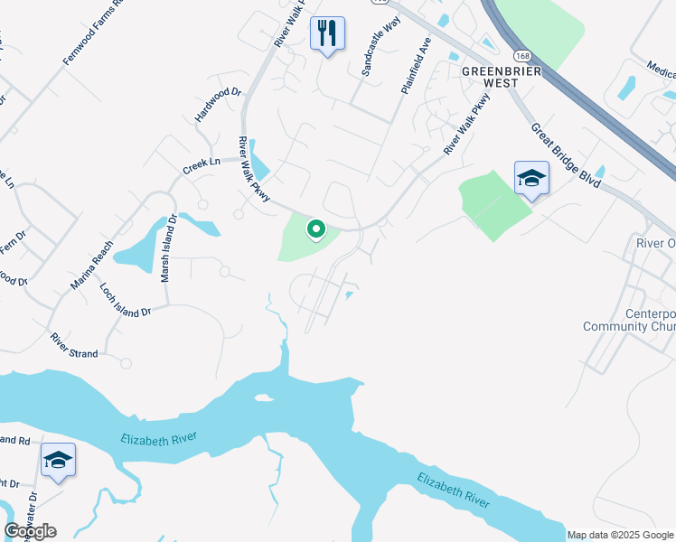 map of restaurants, bars, coffee shops, grocery stores, and more near 345 Esplanade Place in Chesapeake
