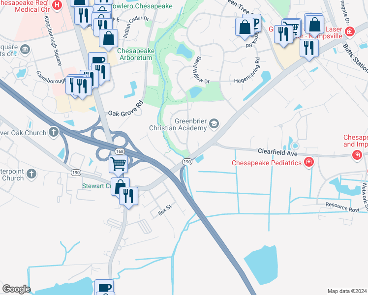 map of restaurants, bars, coffee shops, grocery stores, and more near 700 Firethorn Road in Chesapeake