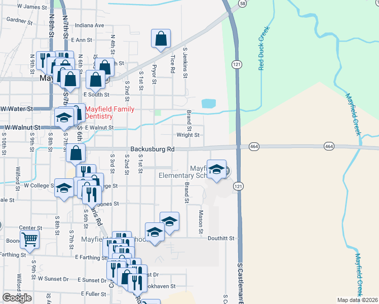 map of restaurants, bars, coffee shops, grocery stores, and more near 800-898 Backusburg Rd in Mayfield