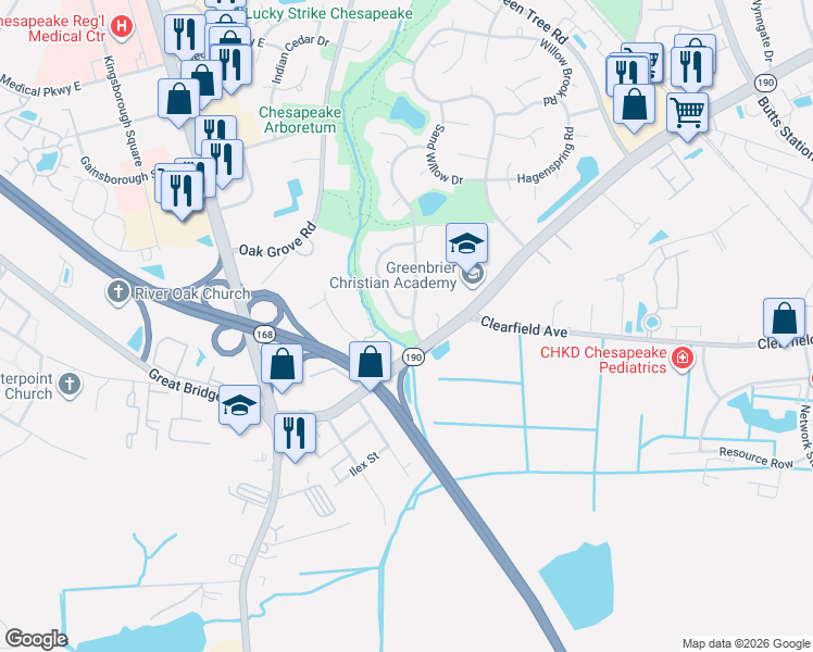 map of restaurants, bars, coffee shops, grocery stores, and more near 501 Shadow Brooke Drive in Chesapeake
