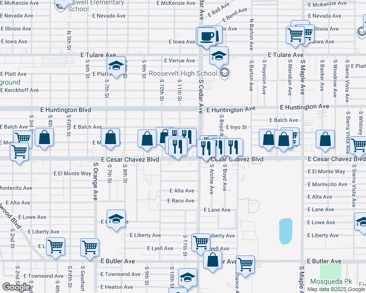 map of restaurants, bars, coffee shops, grocery stores, and more near 609 South 11th Street in Fresno