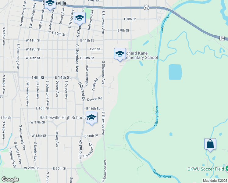 map of restaurants, bars, coffee shops, grocery stores, and more near 1569 Pecan Place in Bartlesville