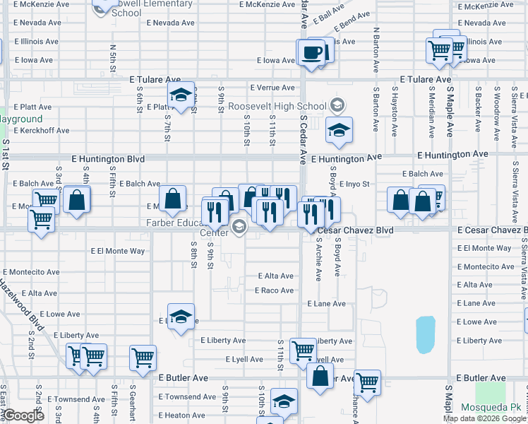 map of restaurants, bars, coffee shops, grocery stores, and more near 4042 East Mono Avenue in Fresno