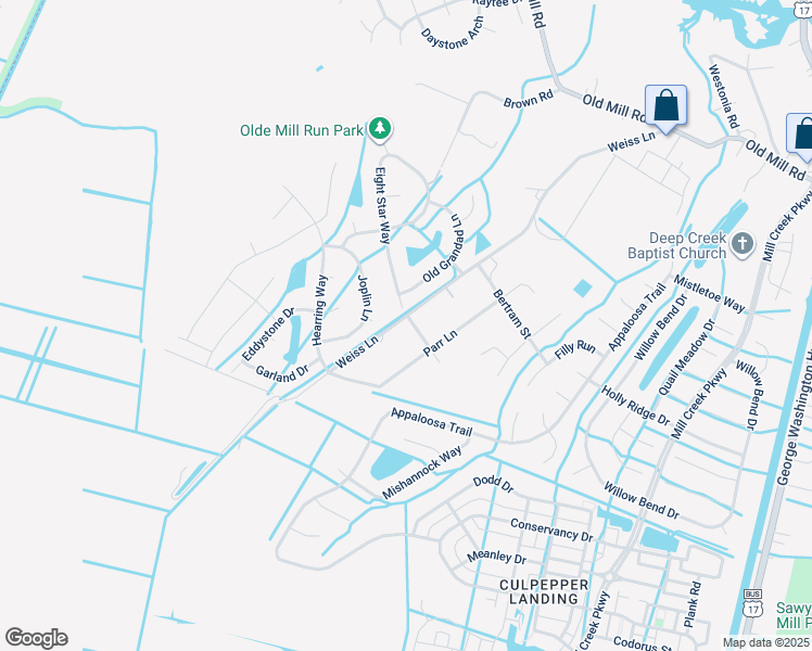 map of restaurants, bars, coffee shops, grocery stores, and more near 3605 Weiss Lane in Chesapeake