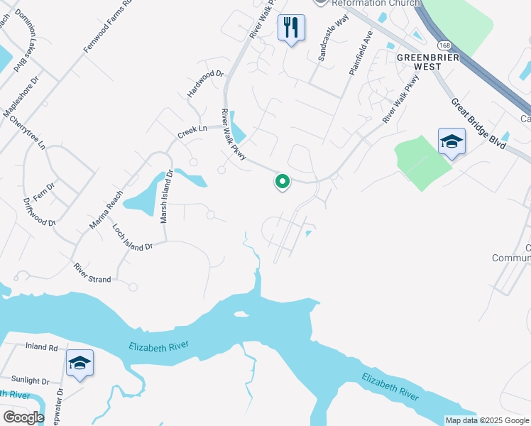 map of restaurants, bars, coffee shops, grocery stores, and more near 708 Inlet Quay in Chesapeake