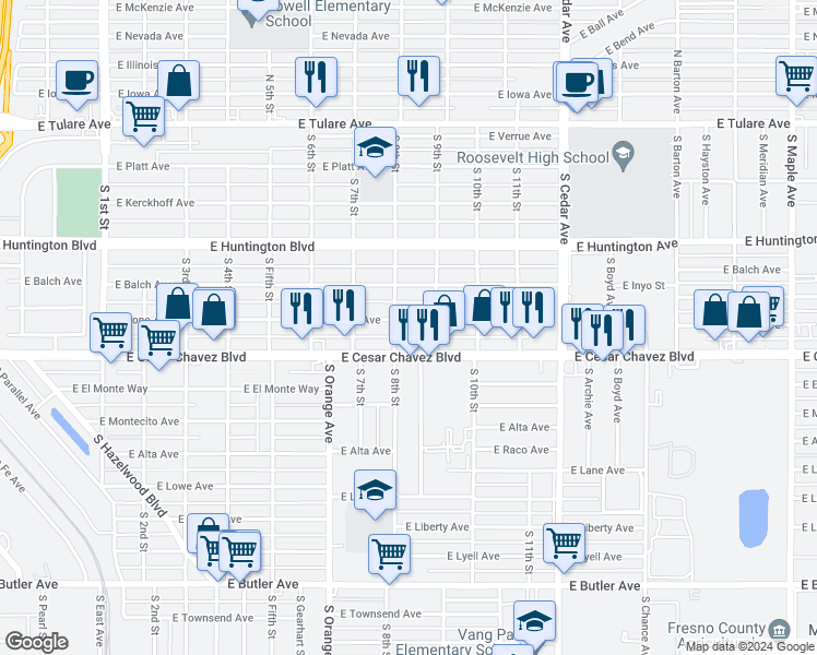 map of restaurants, bars, coffee shops, grocery stores, and more near 3820 East Mono Avenue in Fresno