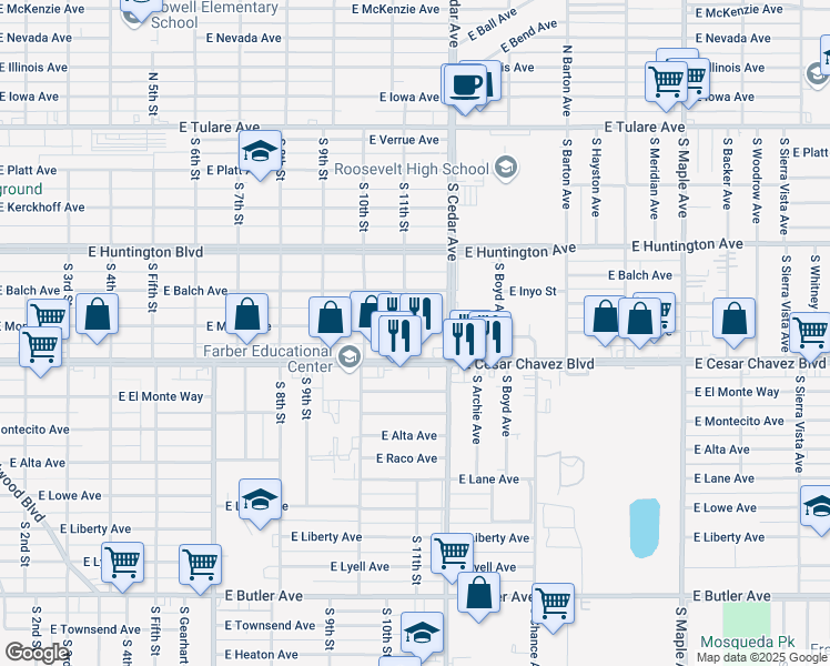 map of restaurants, bars, coffee shops, grocery stores, and more near 4125 East Ventura Avenue in Fresno