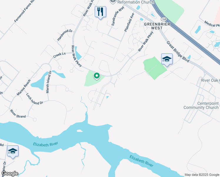 map of restaurants, bars, coffee shops, grocery stores, and more near 579 Seahorse Run in Chesapeake