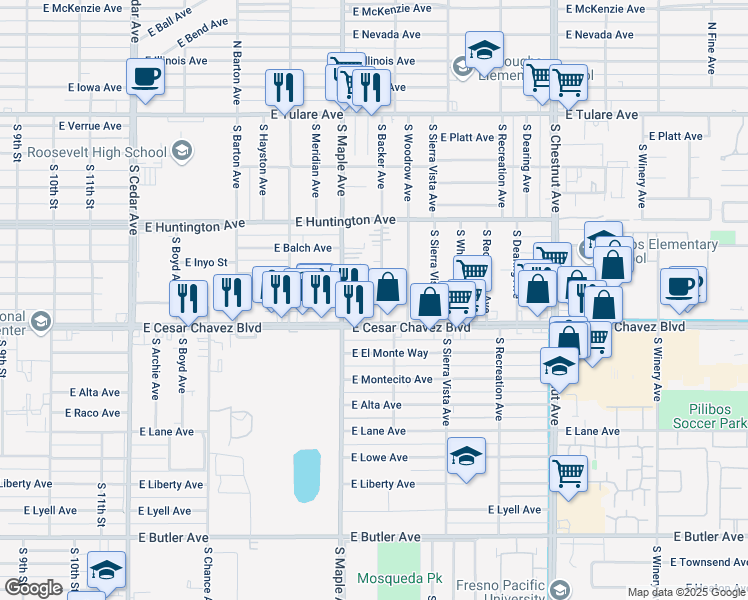 map of restaurants, bars, coffee shops, grocery stores, and more near 611 South Backer Avenue in Fresno