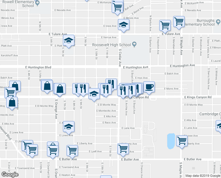 map of restaurants, bars, coffee shops, grocery stores, and more near 4125 East Ventura Avenue in Fresno