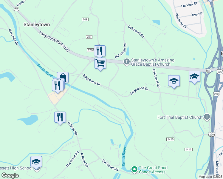 map of restaurants, bars, coffee shops, grocery stores, and more near Edgewood Drive in Stanleytown