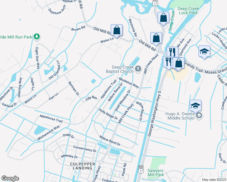 map of restaurants, bars, coffee shops, grocery stores, and more near 744 Willow Bend Drive in Chesapeake