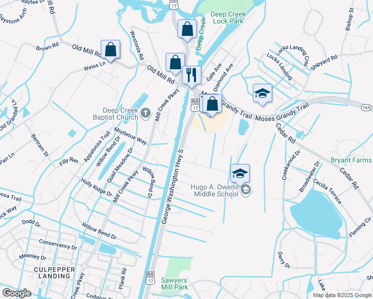 map of restaurants, bars, coffee shops, grocery stores, and more near 185 George Washington Highway South in Chesapeake