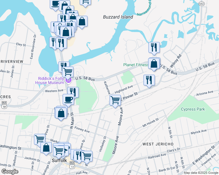 map of restaurants, bars, coffee shops, grocery stores, and more near 216 Katherine Street in Suffolk