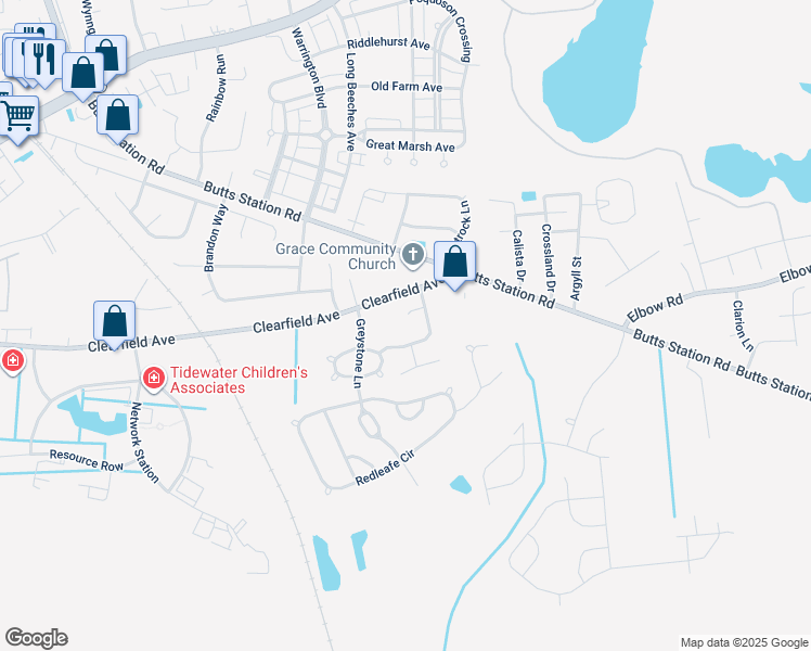 map of restaurants, bars, coffee shops, grocery stores, and more near 805 Knollwood Court in Chesapeake