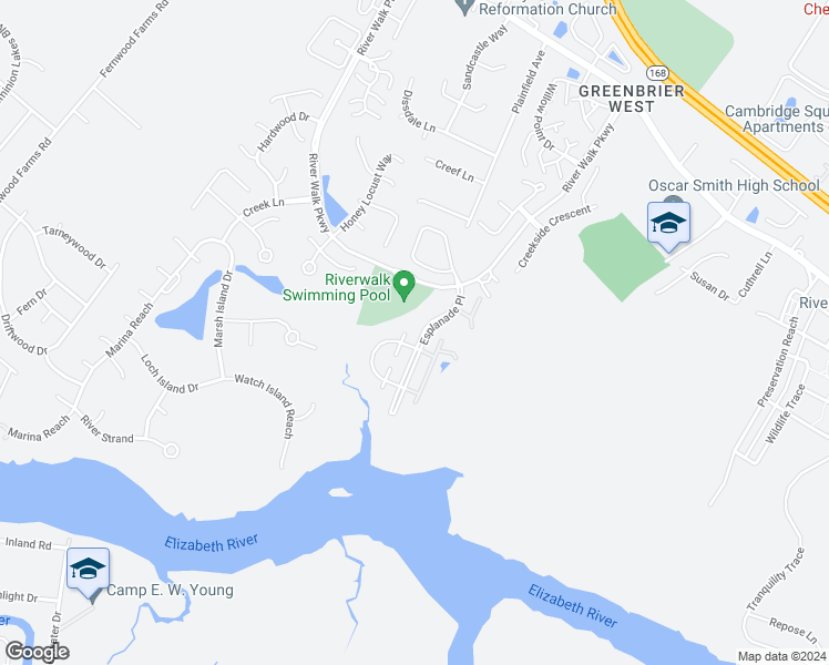 map of restaurants, bars, coffee shops, grocery stores, and more near 326 Esplanade Place in Chesapeake