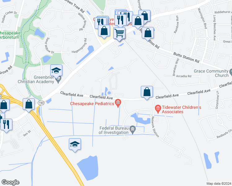map of restaurants, bars, coffee shops, grocery stores, and more near 404 Covington Court in Chesapeake