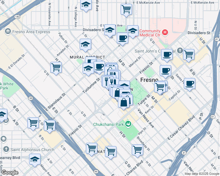 map of restaurants, bars, coffee shops, grocery stores, and more near 1236 Fulton Mall in Fresno