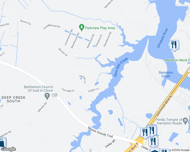 map of restaurants, bars, coffee shops, grocery stores, and more near 2219 Angler Lane in Chesapeake