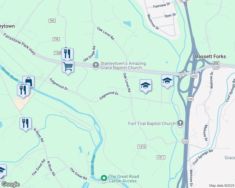 map of restaurants, bars, coffee shops, grocery stores, and more near Edgewood Drive in Stanleytown