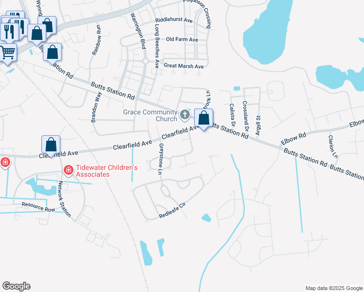 map of restaurants, bars, coffee shops, grocery stores, and more near 805 Knollwood Court in Chesapeake