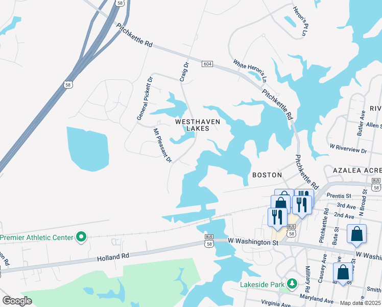 map of restaurants, bars, coffee shops, grocery stores, and more near 845 Craig Drive in Suffolk