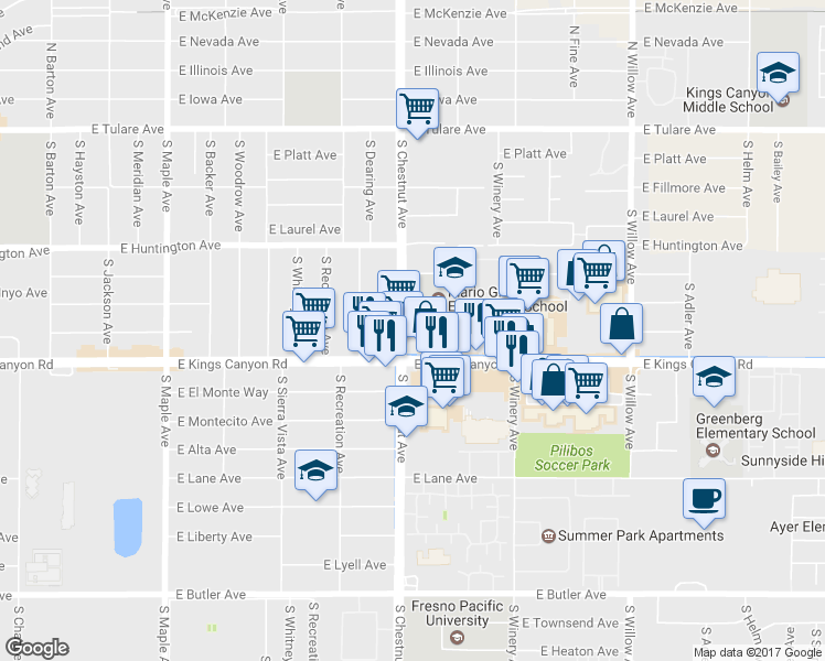 map of restaurants, bars, coffee shops, grocery stores, and more near 4816 E Mono Ave in Fresno