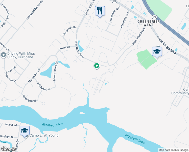 map of restaurants, bars, coffee shops, grocery stores, and more near 704 Inlet Quay in Chesapeake