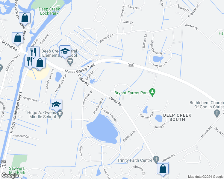 map of restaurants, bars, coffee shops, grocery stores, and more near 2800 Covey Court in Chesapeake