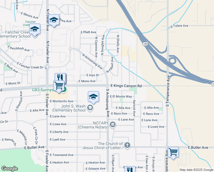 map of restaurants, bars, coffee shops, grocery stores, and more near E Kings Canyon Rd & N Armstrong Ave in Fresno