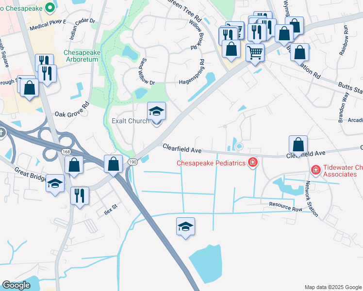 map of restaurants, bars, coffee shops, grocery stores, and more near 328 Clearfield Avenue in Chesapeake