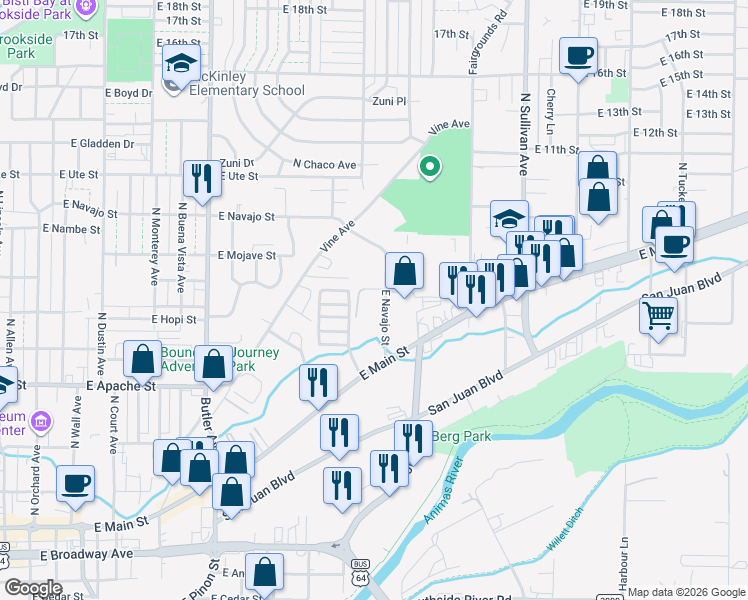 map of restaurants, bars, coffee shops, grocery stores, and more near 1107 East Navajo Street in Farmington
