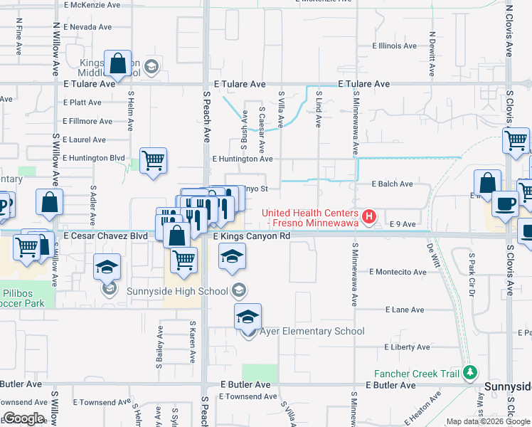 map of restaurants, bars, coffee shops, grocery stores, and more near 5285 East Kings Canyon Road in Fresno
