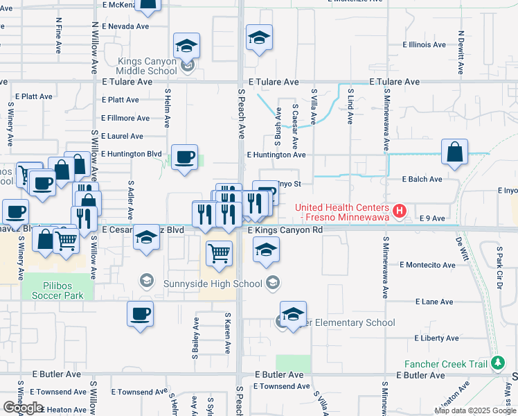 map of restaurants, bars, coffee shops, grocery stores, and more near 5247 East Kings Canyon Road in Fresno