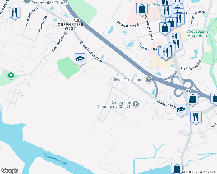 map of restaurants, bars, coffee shops, grocery stores, and more near 403 Conservation Court in Chesapeake