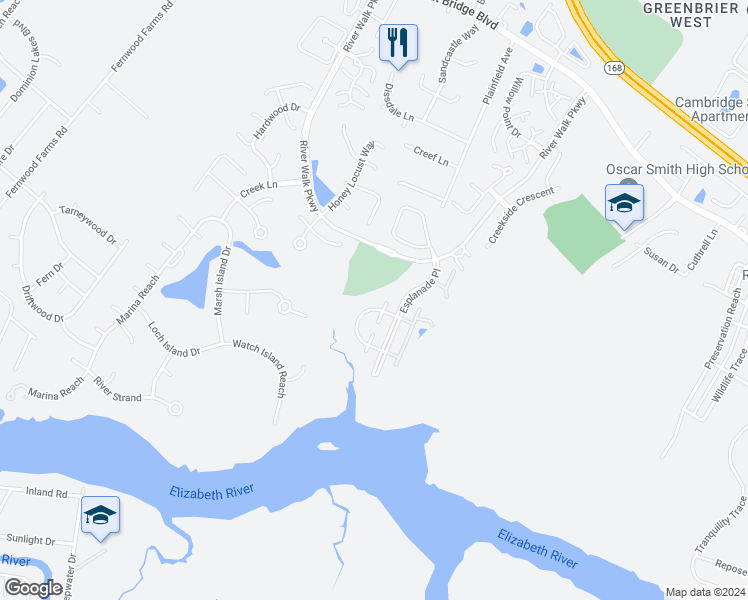 map of restaurants, bars, coffee shops, grocery stores, and more near 705 Inlet Quay in Chesapeake