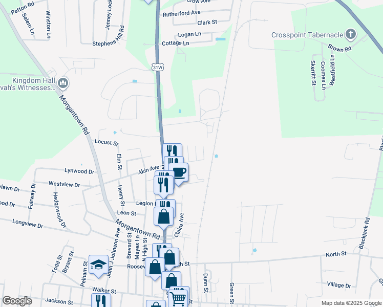 map of restaurants, bars, coffee shops, grocery stores, and more near 212-298 Barrett Lane in Franklin