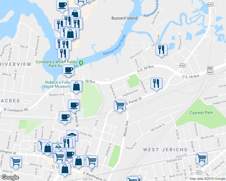 map of restaurants, bars, coffee shops, grocery stores, and more near 200 Nansemond Avenue in Suffolk