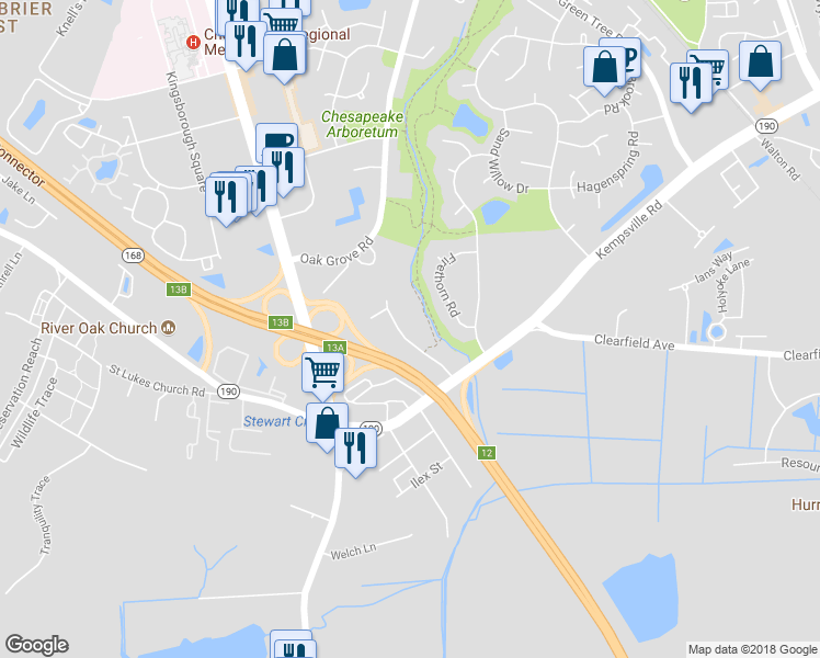map of restaurants, bars, coffee shops, grocery stores, and more near 523 Stillwater Drive in Chesapeake
