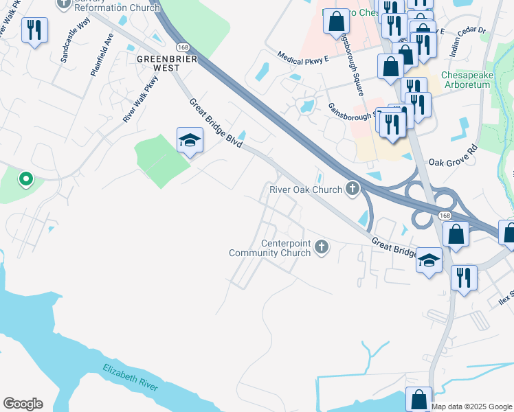 map of restaurants, bars, coffee shops, grocery stores, and more near 403 Conservation Court in Chesapeake