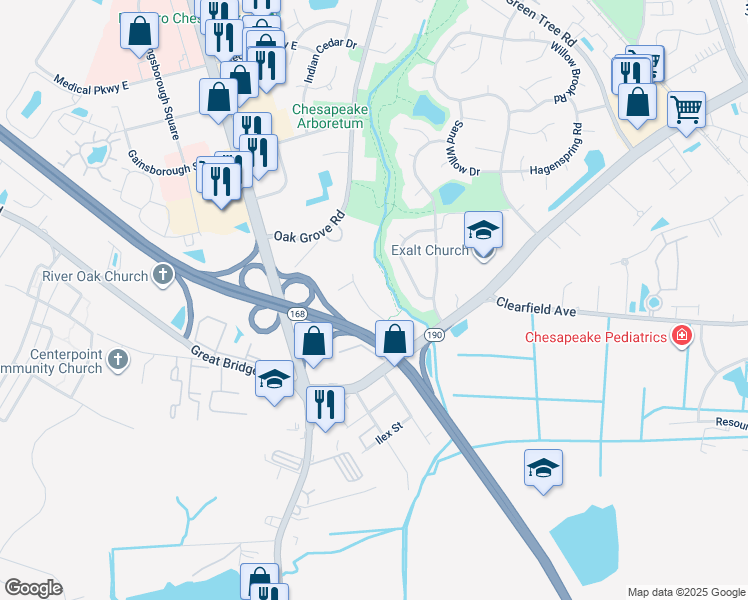 map of restaurants, bars, coffee shops, grocery stores, and more near 523 Stillwater Drive in Chesapeake