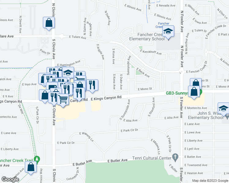 map of restaurants, bars, coffee shops, grocery stores, and more near 4616 East Mono Street in Fresno