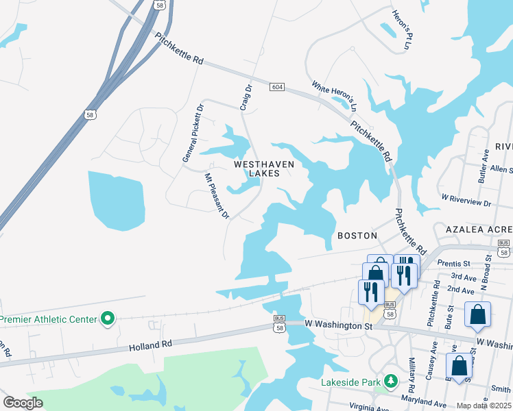 map of restaurants, bars, coffee shops, grocery stores, and more near 845 Craig Drive in Suffolk