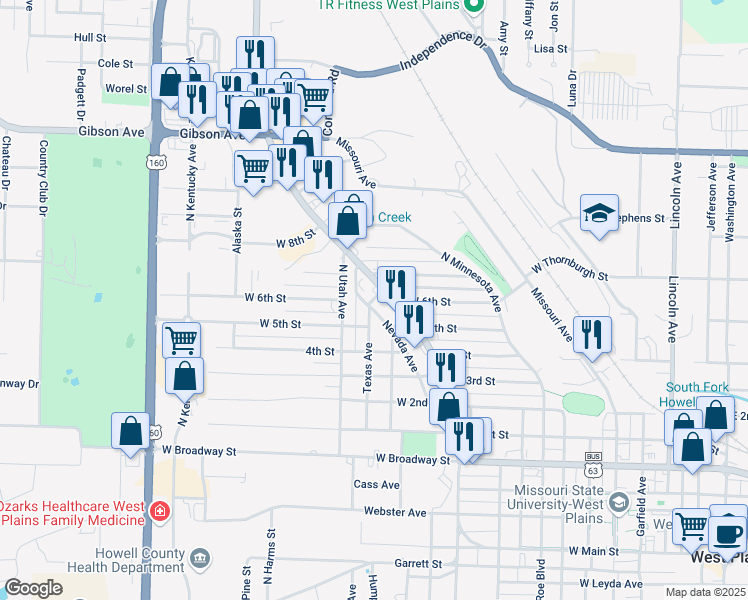 map of restaurants, bars, coffee shops, grocery stores, and more near 1098 6th St in West Plains