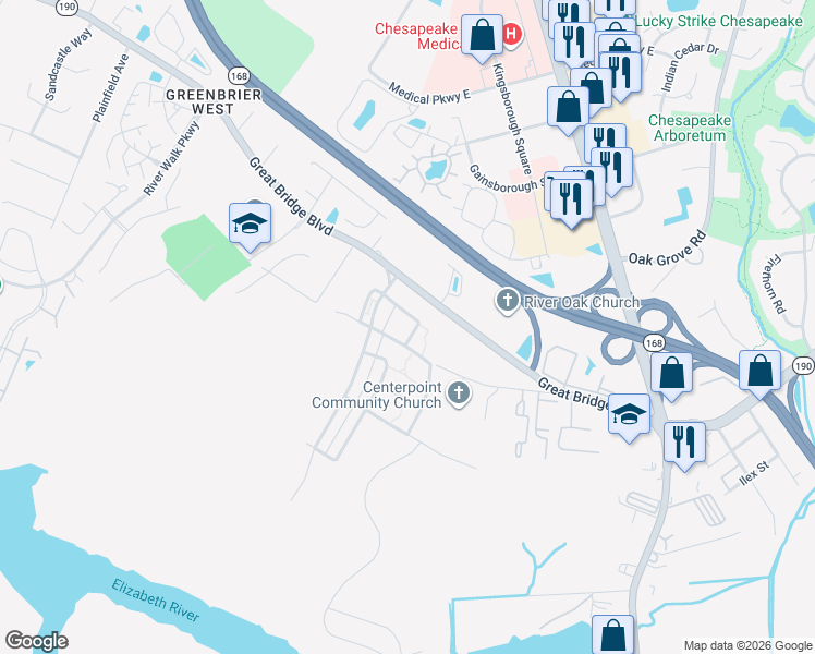 map of restaurants, bars, coffee shops, grocery stores, and more near 309 Croft Crossing in Chesapeake