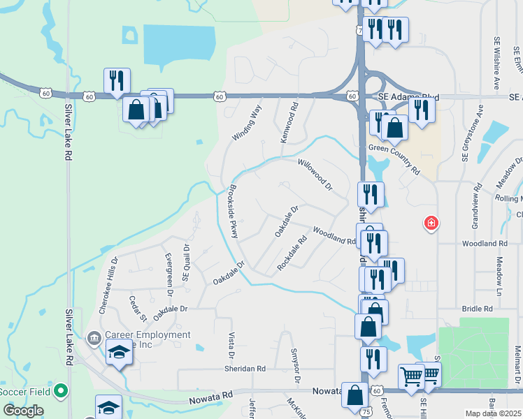 map of restaurants, bars, coffee shops, grocery stores, and more near 3321 Woodland Road in Bartlesville