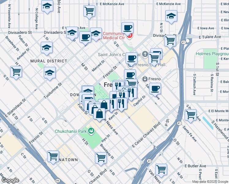map of restaurants, bars, coffee shops, grocery stores, and more near in Fresno
