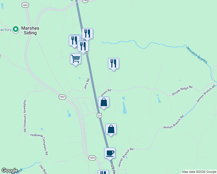 map of restaurants, bars, coffee shops, grocery stores, and more near 840 Strunk Ridge Road in Whitley City
