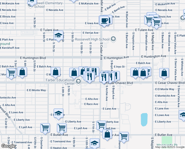 map of restaurants, bars, coffee shops, grocery stores, and more near 4106 East Mono Street in Fresno
