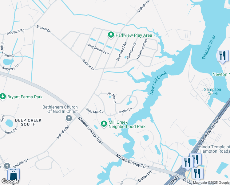 map of restaurants, bars, coffee shops, grocery stores, and more near 2308 Marcia Court in Chesapeake